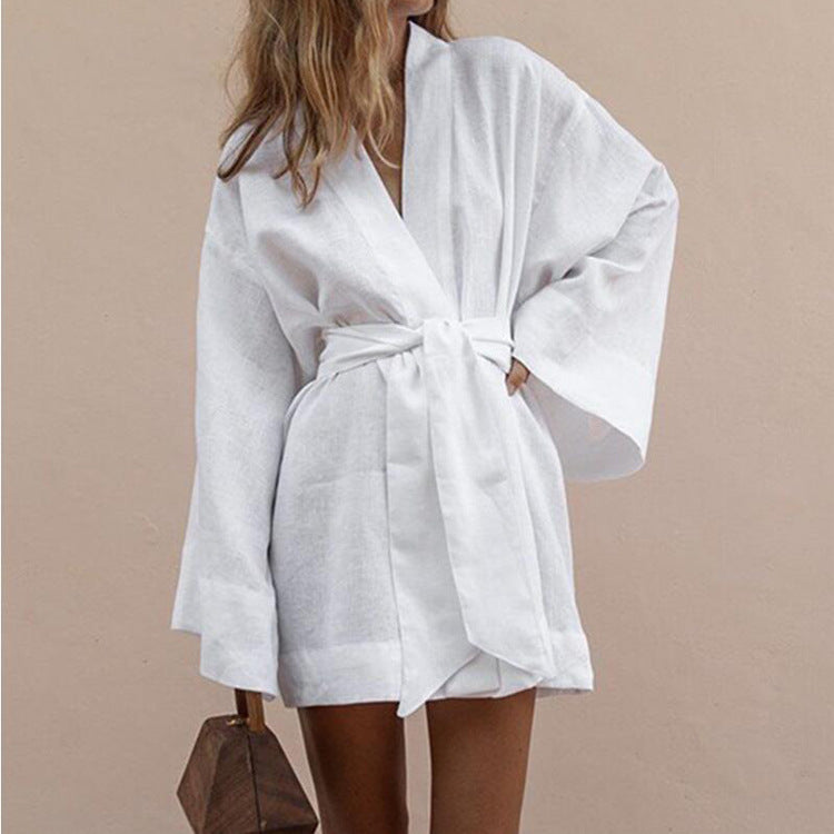 Women's Kimono Dress with Wide Sleeves and Belt – Elegant Short Dress for Summer, Parties, Vacations, and Special Occasions