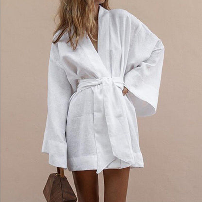 Women's Kimono Dress with Wide Sleeves and Belt – Elegant Short Dress for Summer, Parties, Vacations, and Special Occasions