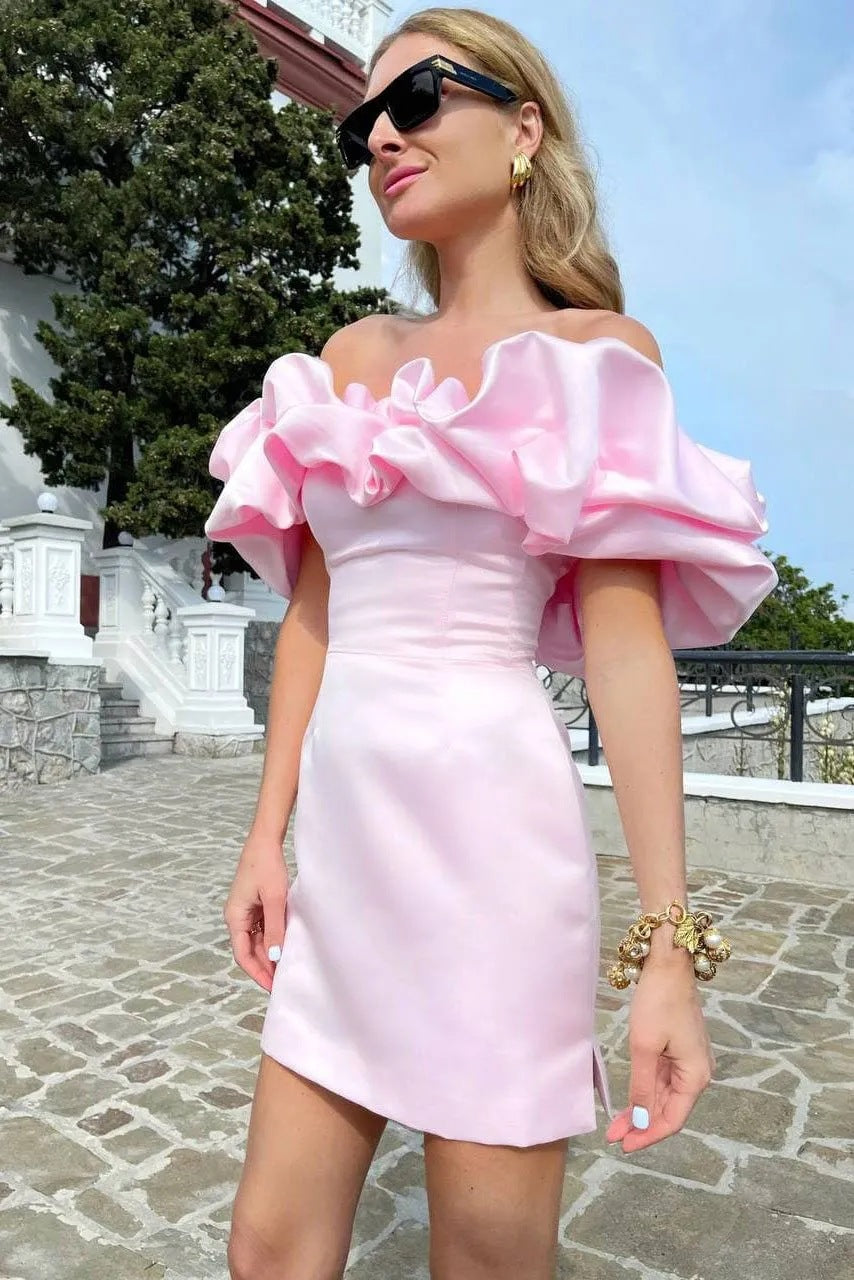 Dame Off-shoulder Minikjole Med Markante Flæsedetaljer – Elegant Kjole Til Fest, Ferie, Aftenbrug Og Særlige Anledninger