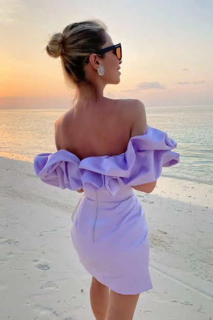 Dame Off-shoulder Minikjole Med Markante Flæsedetaljer – Elegant Kjole Til Fest, Ferie, Aftenbrug Og Særlige Anledninger