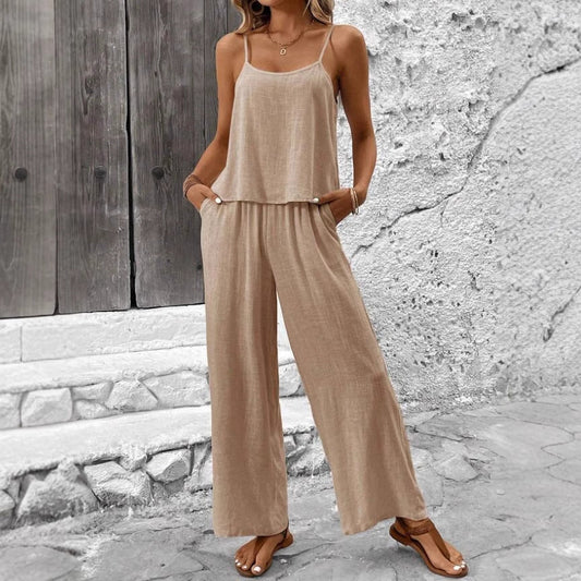 Set damă două piese, cu top cami și pantaloni cu picioare largi