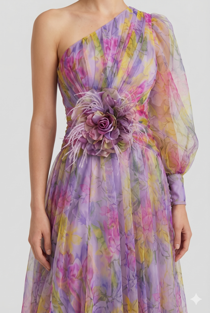 Maxikjole Plisseret Struktur Figursyet Talje One-Shoulder Design