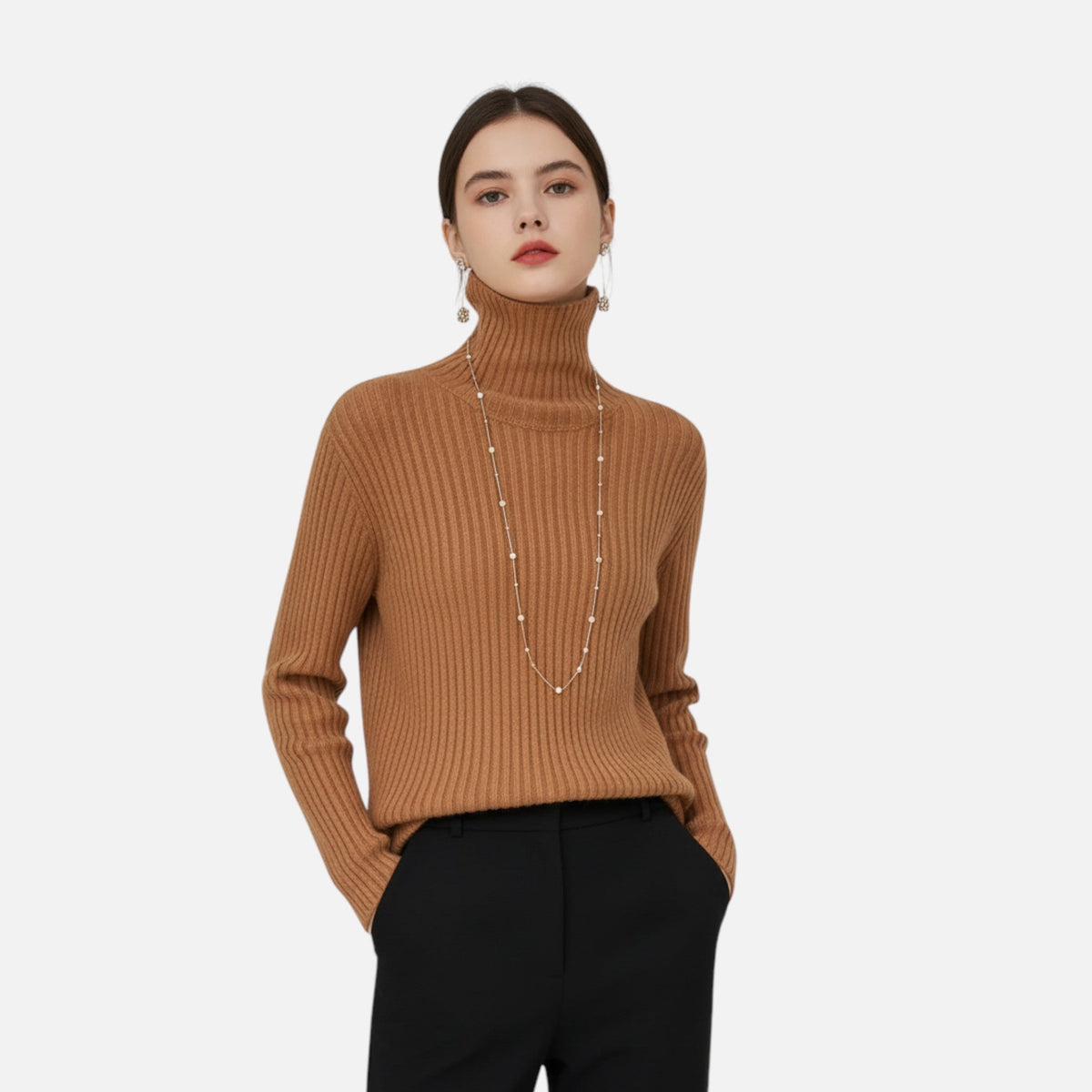 Suéter de cuello alto para mujer, de punto grueso acanalado - Prenda de punto cálida y cómoda para otoño, invierno, el día a día y un estilo smart casual