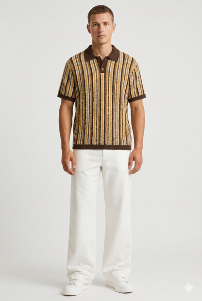 Herre Retro Strikket Polo Med Vertikale Striber Og Sommerstil