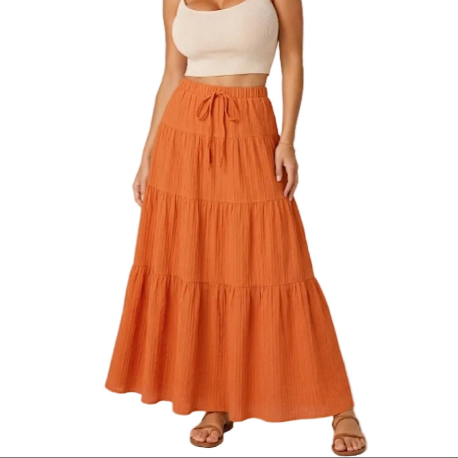 Falda larga bohemia para mujer, con diseño de varias capas, cintura alta elástica y cierre frontal de botones - falda de verano ligera para las vacaciones, el uso diario y un estilo informal