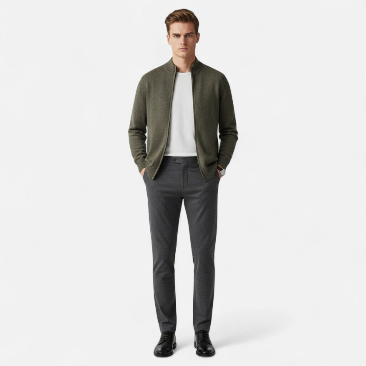 Men's Merino Wool Cardigan with Zip Closure – Elegant Knitwear for Autumn, Winter, Everyday Wear and Smart Casual Style