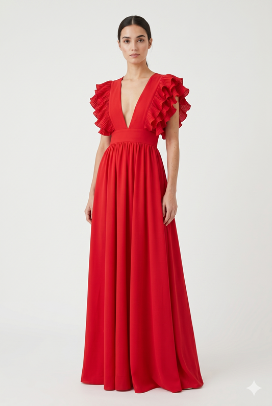 Rochie maxi cu structură fluidă, croială conică, talie definită, decolteu în V
