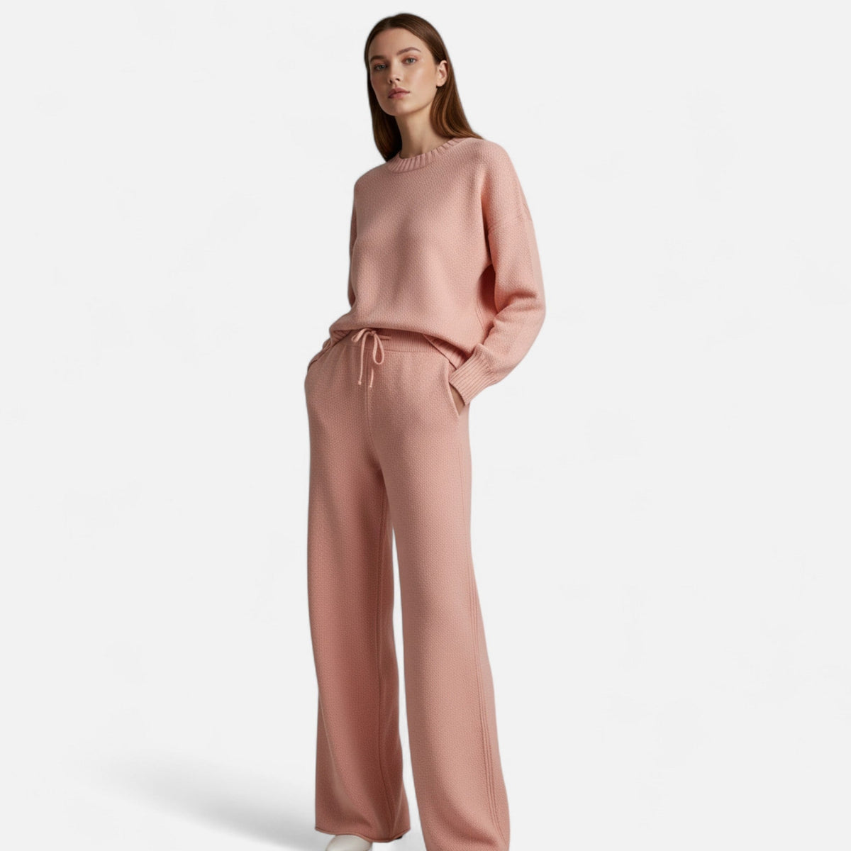 Dámská pletená souprava se svetrem a kalhotami se širokými nohavicemi – elegantní dvoudílný outfit na podzim, zimu, každodenní nošení a ve stylu smart casual