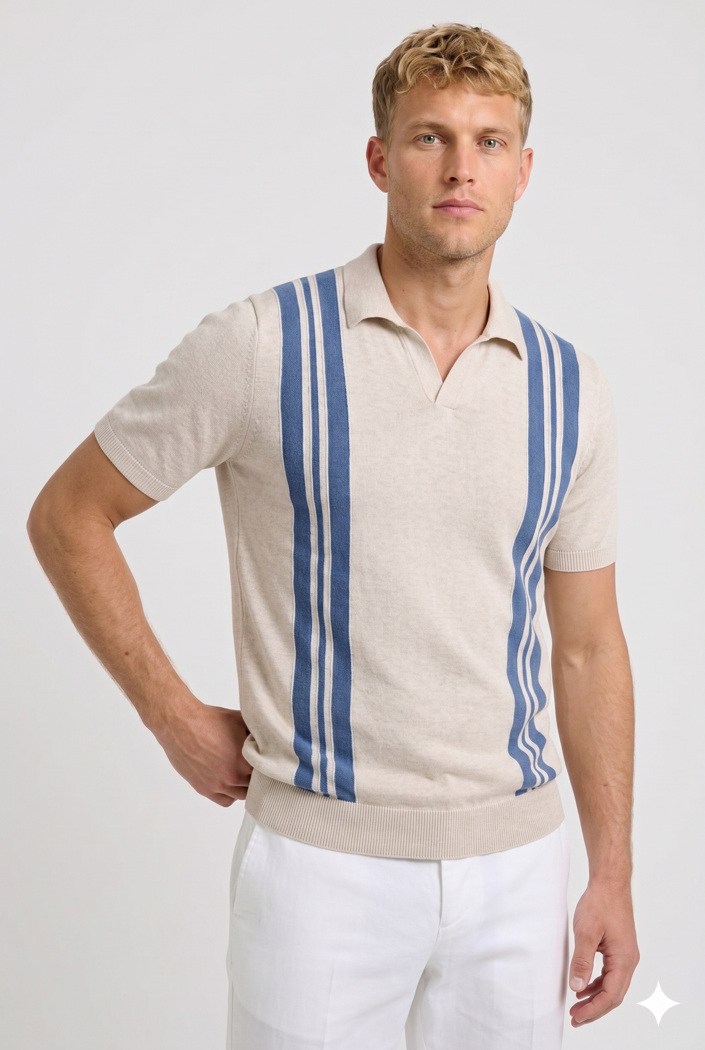 Herre Strikket Polo Med Vertikale Striber Og Smart Casual Sommerstil
