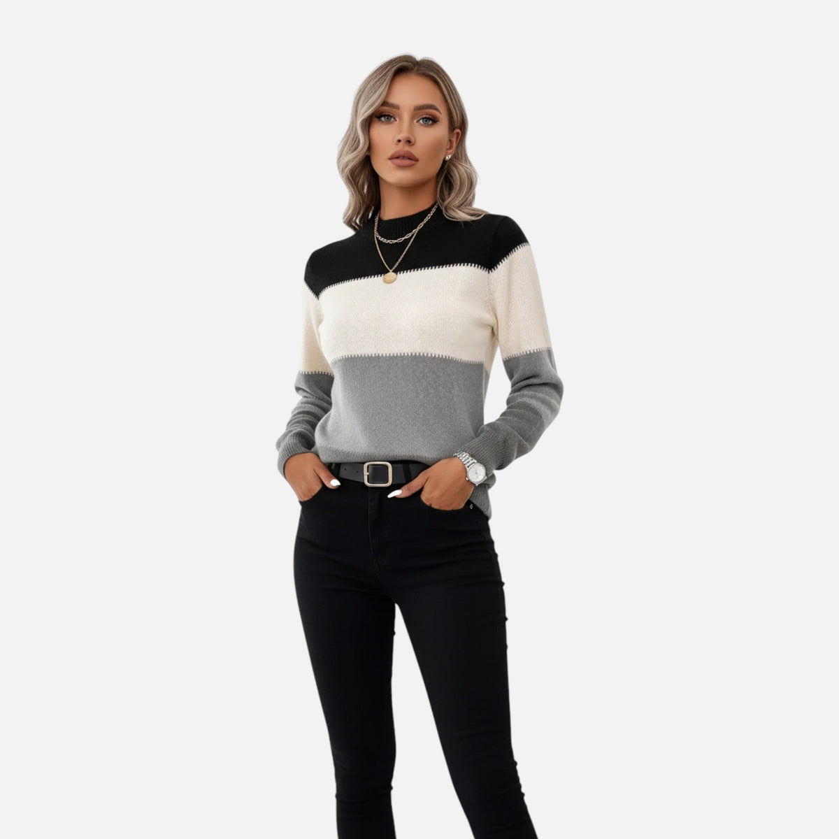 Suéter de punto a rayas para mujer con cuello redondo - Suéter clásico para otoño, invierno, uso diario y estilo smart casual