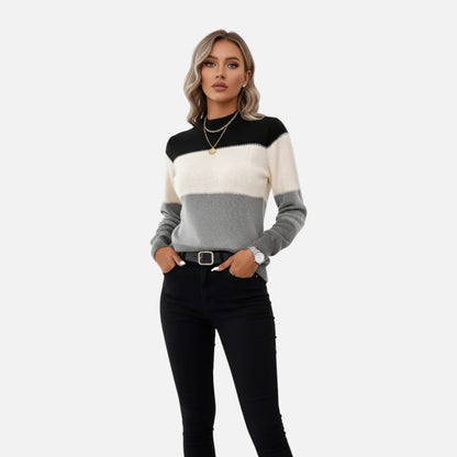 Suéter de punto a rayas para mujer con cuello redondo - Suéter clásico para otoño, invierno, uso diario y estilo smart casual