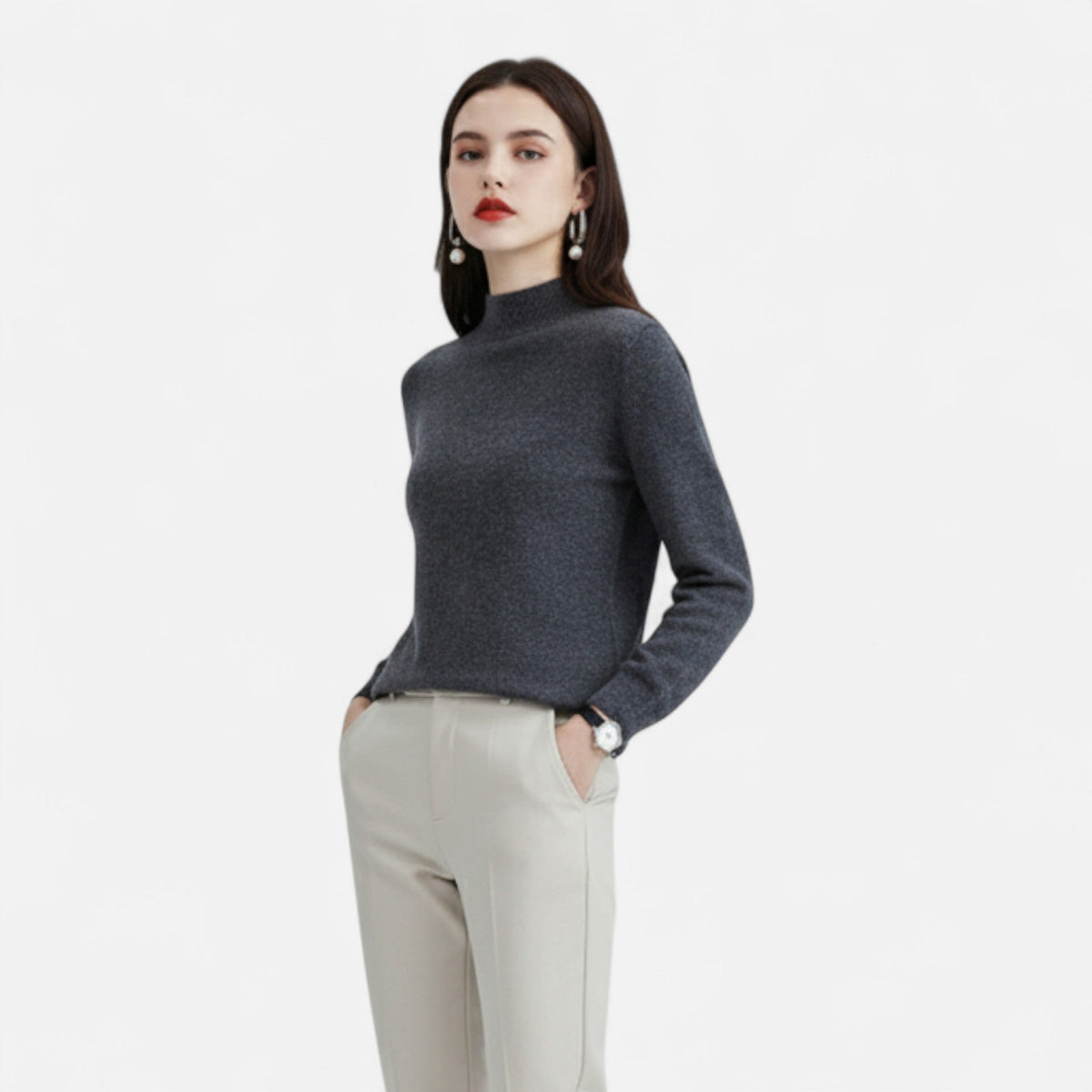 Suéter de lana pura para mujer con cuello semialto - Prenda de punto cálida y clásica para otoño, invierno, uso diario y estilo smart casual