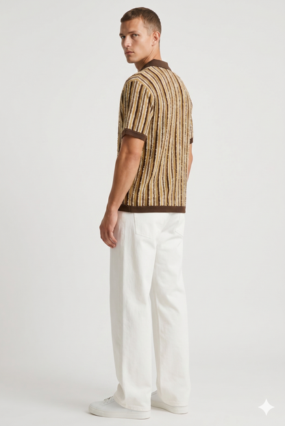 Herre Retro Strikket Polo Med Vertikale Striber Og Sommerstil