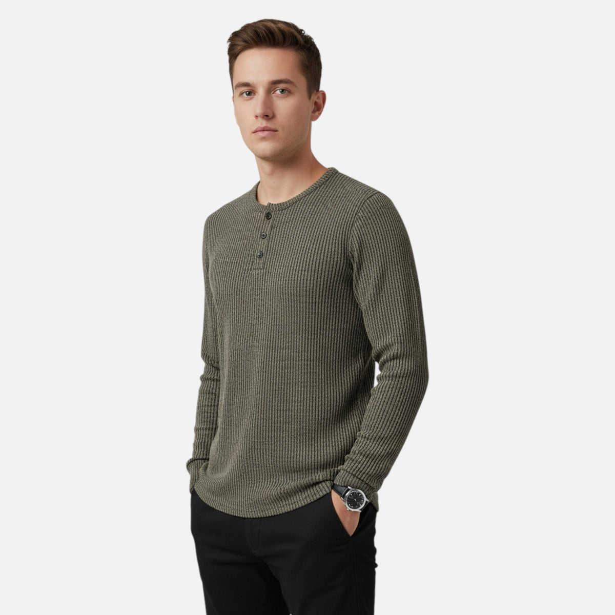 Herre Kabelstrikket Henley-sweater – Klassisk Strik Til Efterår, Vinter, Hverdagsbrug Og Smart Casual Stil