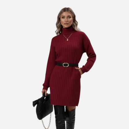 Women's Knitted Dress with High Neck and Textured Knit – Elegant Dress for Autumn, Winter, the Office, and Everyday Wear