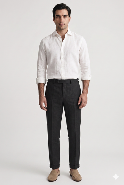 Pantaloni cu structură croită, croială regular fit, design cu pliuri presate