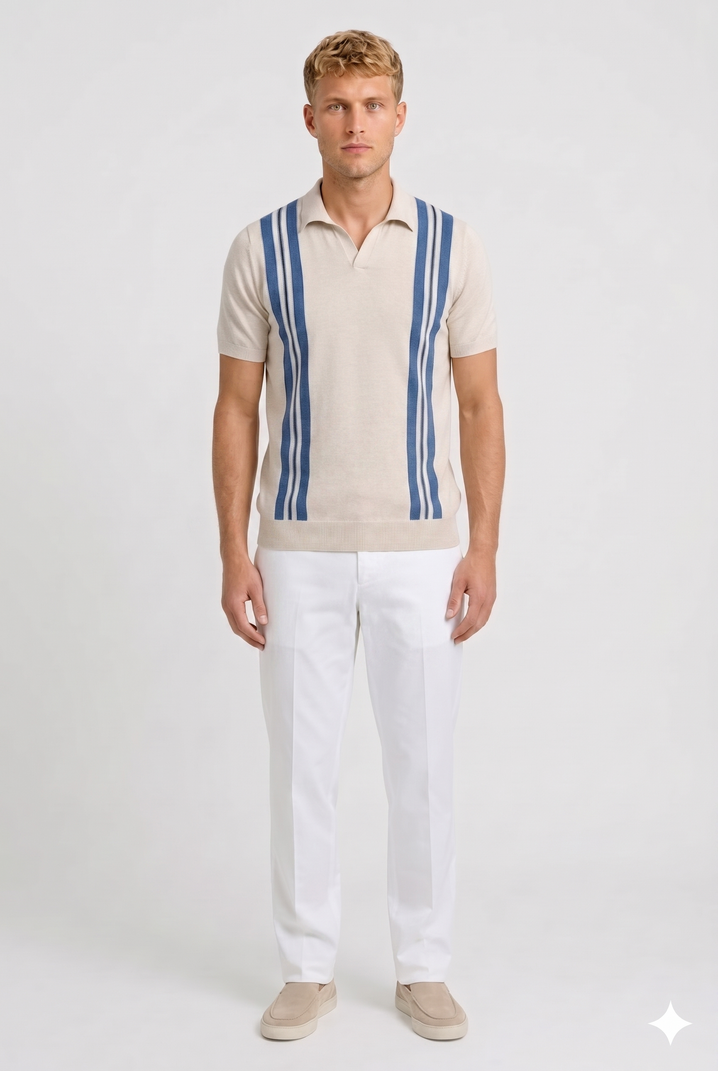 Herre Strikket Polo Med Vertikale Striber Og Smart Casual Sommerstil