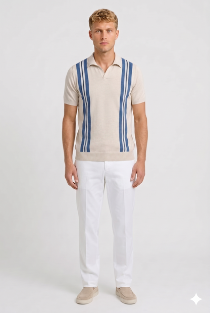 Herre Strikket Polo Med Vertikale Striber Og Smart Casual Sommerstil