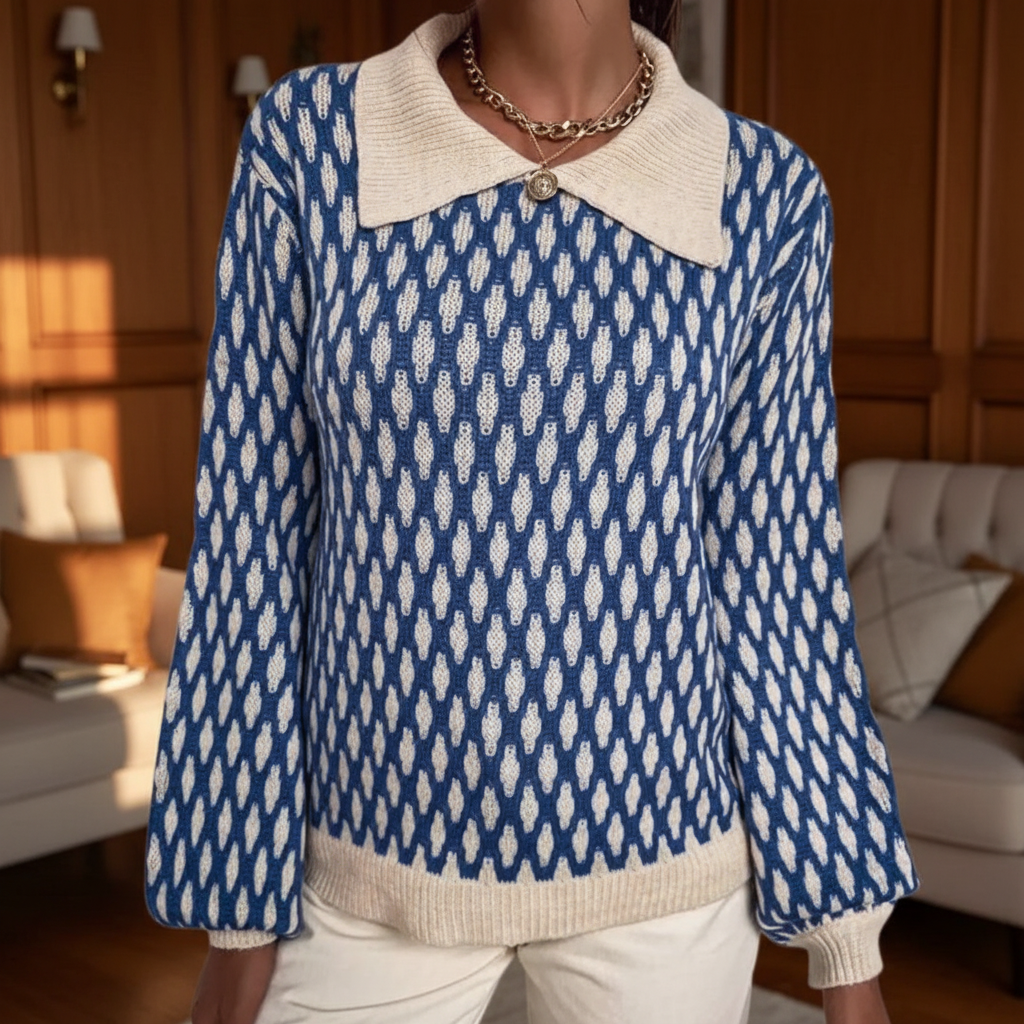 Dame Printet Striksweater Med Polokrave Og Ballonærmer