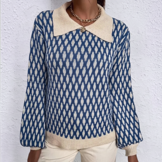 Women's Printed Knit Sweater with Polo Collar and Balloon Sleeves