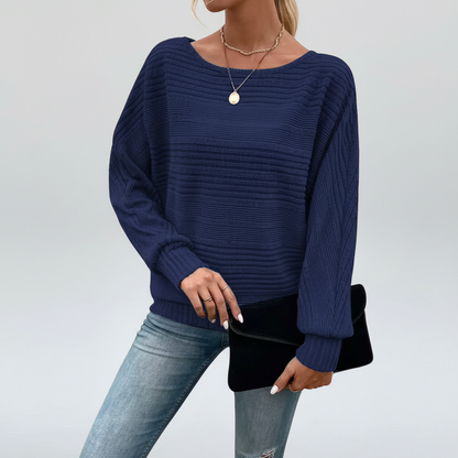 Dame Sweater Med Flagermusærmer Og Tekstureret Stribestrik