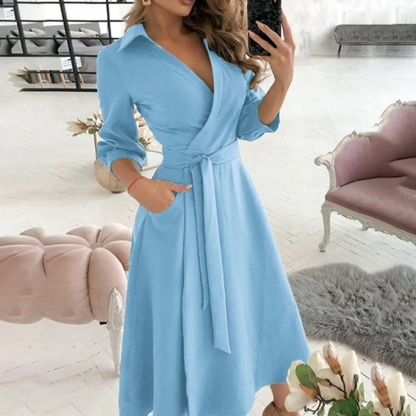 Women's Wrap Midi Dress with V-Neck, 3/4 Sleeves, and Belt - Elegant Dress for Work, Dinners, and Special Occasions