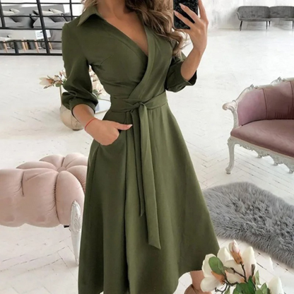 Women's Wrap Midi Dress with V-Neck, 3/4 Sleeves, and Belt - Elegant Dress for Work, Dinners, and Special Occasions