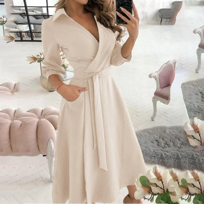 Women's Wrap Midi Dress with V-Neck, 3/4 Sleeves, and Belt - Elegant Dress for Work, Dinners, and Special Occasions