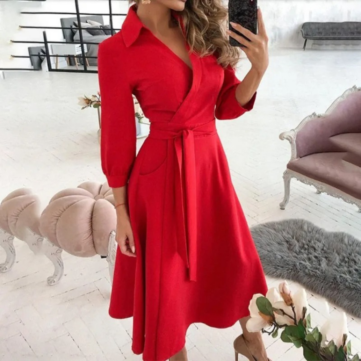 Women's Wrap Midi Dress with V-Neck, 3/4 Sleeves, and Belt - Elegant Dress for Work, Dinners, and Special Occasions