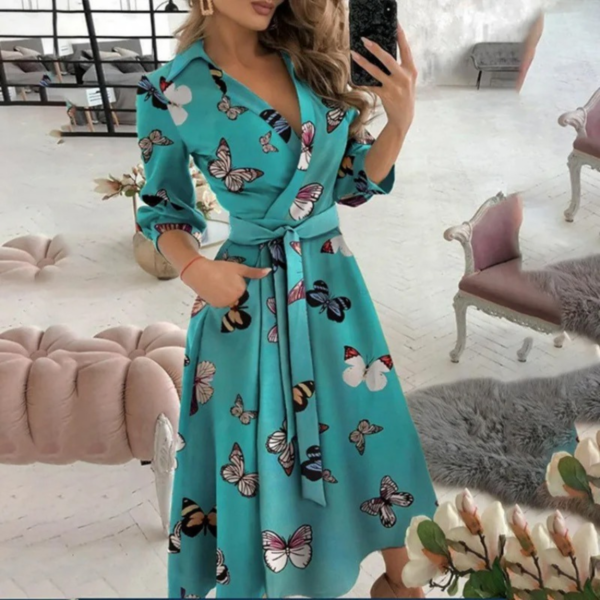 Women's Wrap Midi Dress with V-Neck, 3/4 Sleeves, and Belt - Elegant Dress for Work, Dinners, and Special Occasions