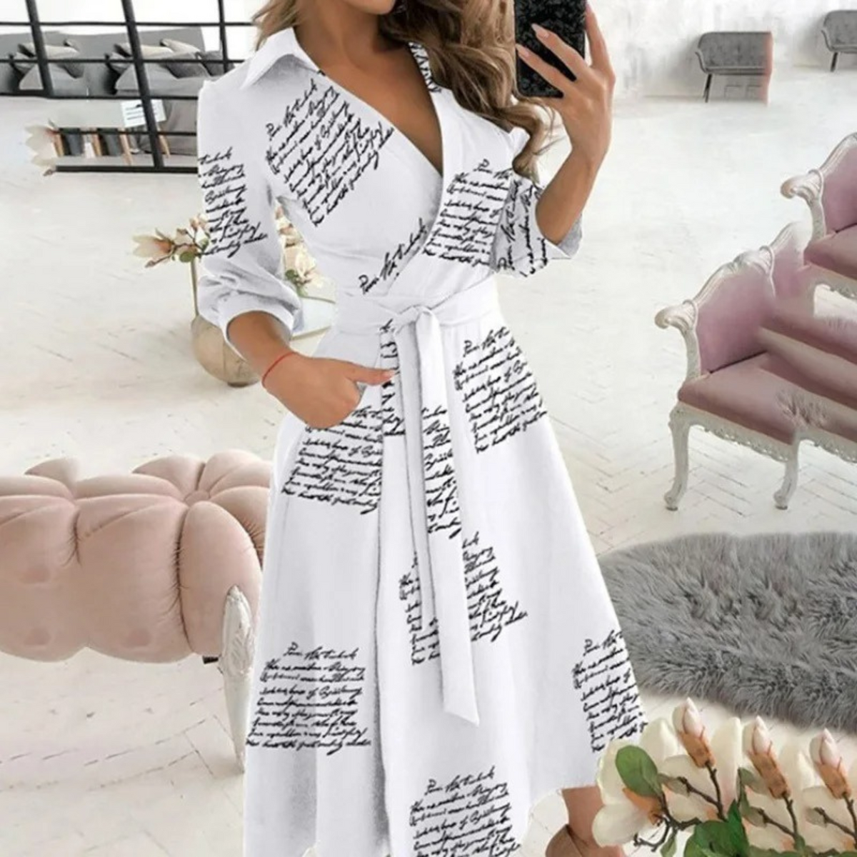 Women's Wrap Midi Dress with V-Neck, 3/4 Sleeves, and Belt - Elegant Dress for Work, Dinners, and Special Occasions