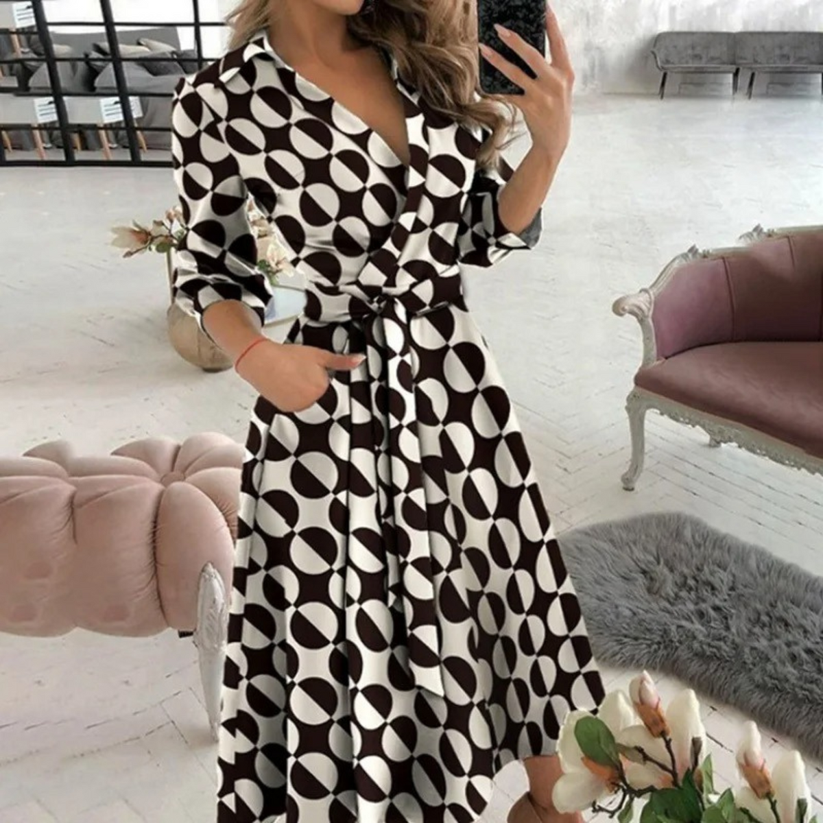 Women's Wrap Midi Dress with V-Neck, 3/4 Sleeves, and Belt - Elegant Dress for Work, Dinners, and Special Occasions