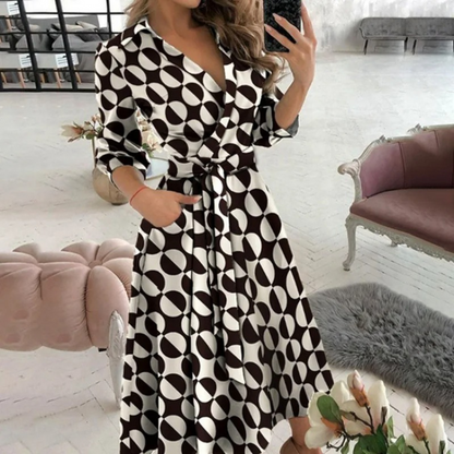 Women's Wrap Midi Dress with V-Neck, 3/4 Sleeves, and Belt - Elegant Dress for Work, Dinners, and Special Occasions