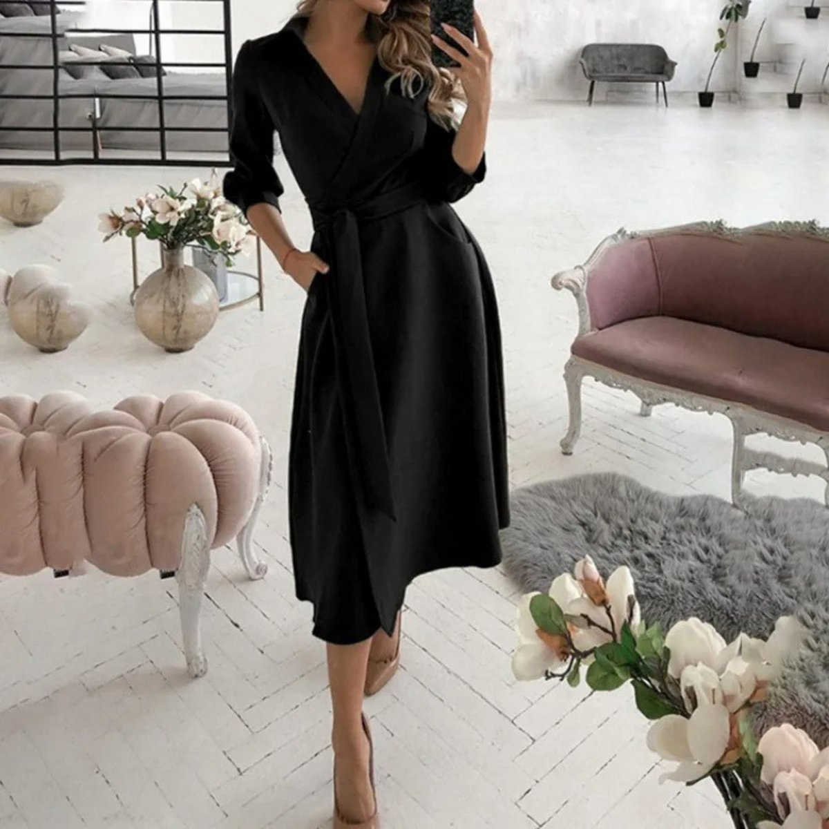 Women's Wrap Midi Dress with V-Neck, 3/4 Sleeves, and Belt - Elegant Dress for Work, Dinners, and Special Occasions