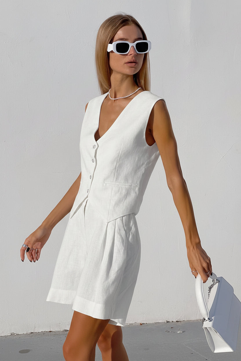 Dámská lněná vesta s kalhotami na míru a šortkami – elegantní 2dílný letní komplet na dovolenou, volný čas, každodenní nošení a smart casual styl