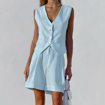 Dámská lněná vesta s kalhotami na míru a šortkami – elegantní 2dílný letní komplet na dovolenou, volný čas, každodenní nošení a smart casual styl
