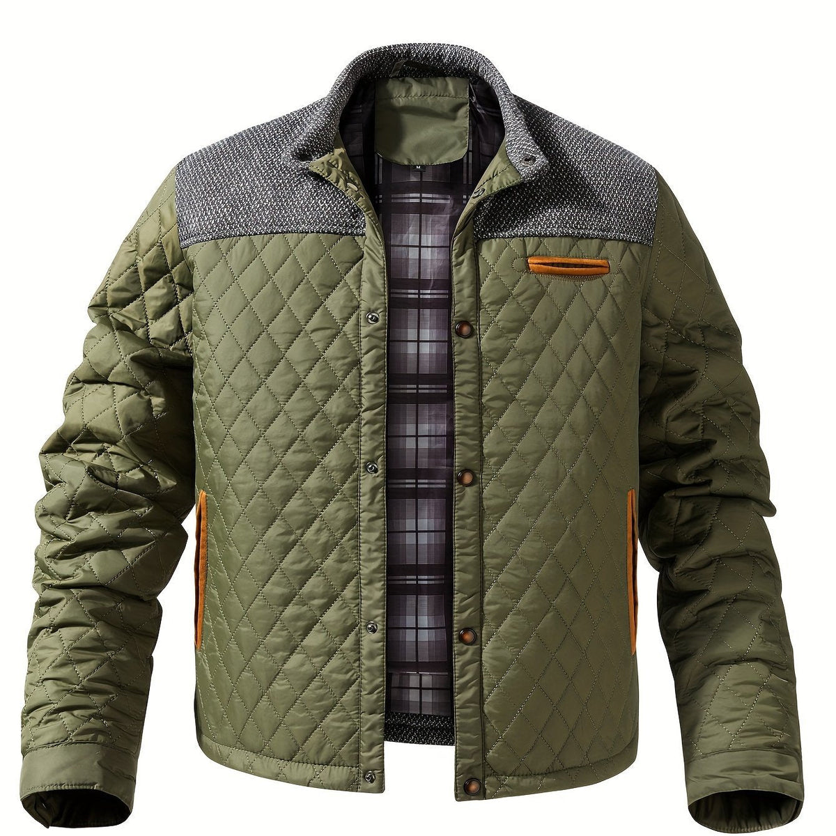 Chaqueta acolchada para hombre con paneles de punto y cuello alto – Chaqueta de entretiempo con estilo para otoño, invierno y el día a día informal