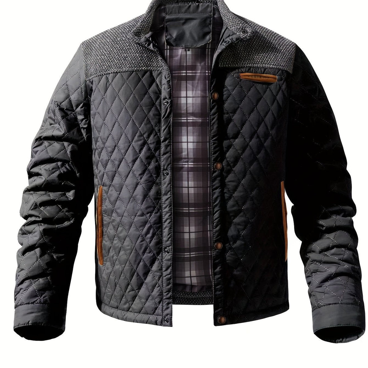 Chaqueta acolchada para hombre con paneles de punto y cuello alto – Chaqueta de entretiempo con estilo para otoño, invierno y el día a día informal