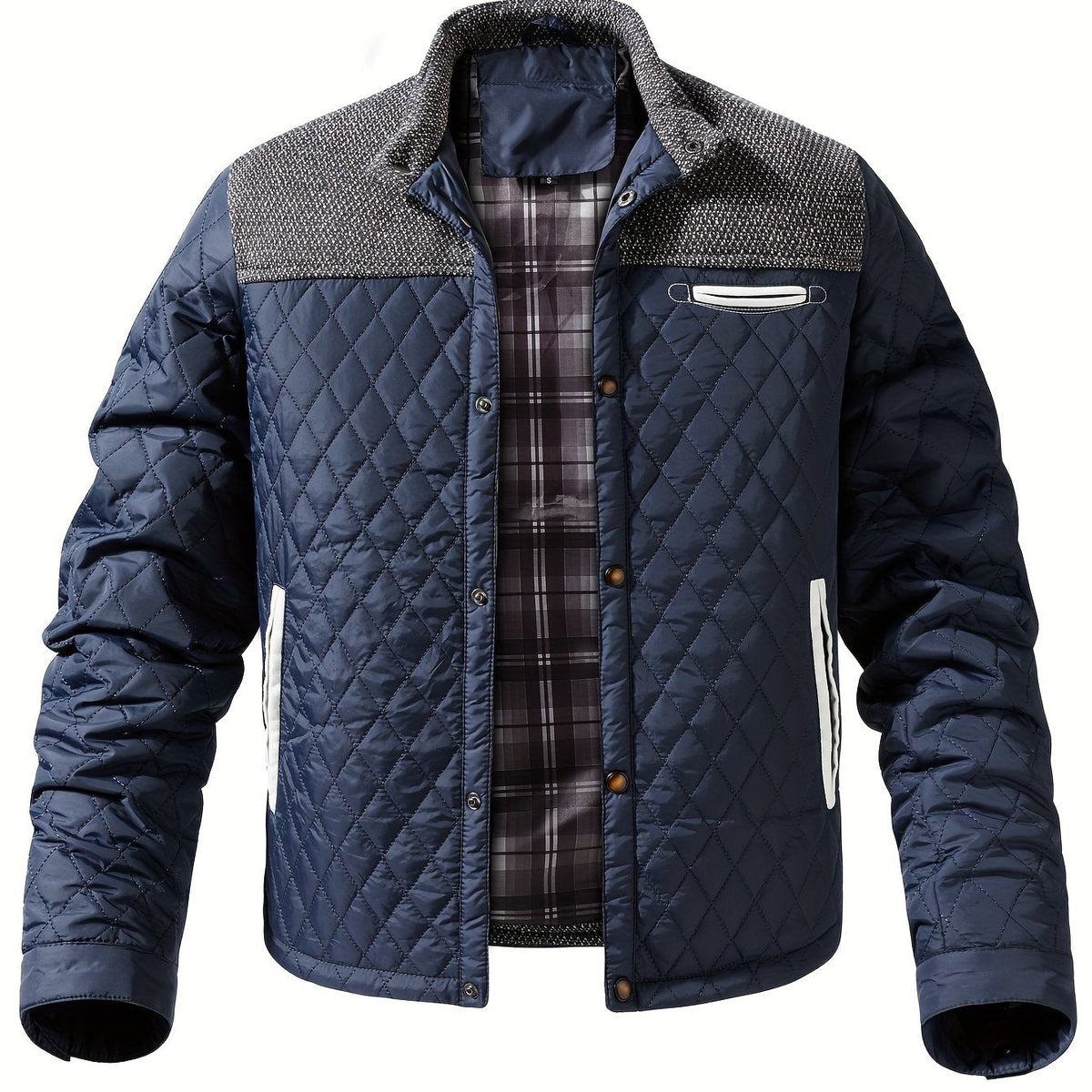 Chaqueta acolchada para hombre con paneles de punto y cuello alto – Chaqueta de entretiempo con estilo para otoño, invierno y el día a día informal