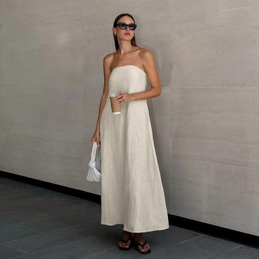 Rochie maxi damă fără bretele, cu aspect de in și croială lejeră