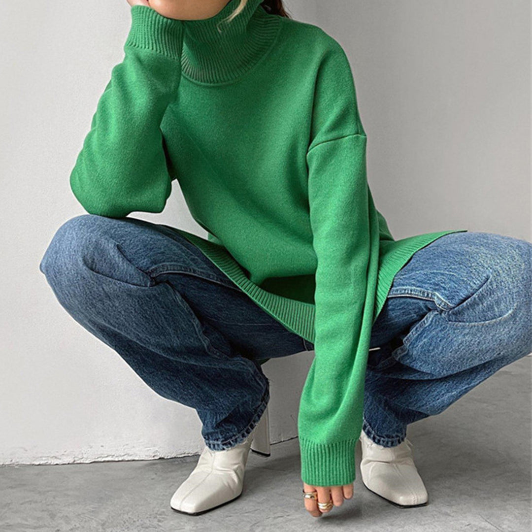 Women's Turtleneck Sweater with a Loose Fit and Side Slits – Comfortable Knit Top for Autumn, Winter, Everyday Wear and Smart Casual Style