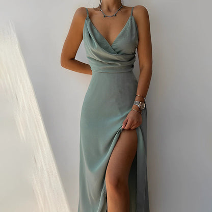 Vestido midi elegante para mujer con tirantes finos, espalda descubierta y diseño drapeado: vestido de fiesta con abertura para la noche, bodas y ocasiones especiales