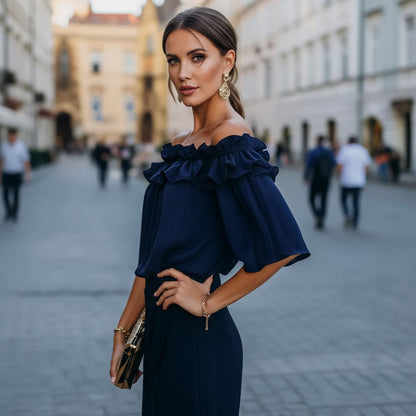 Dame Afslappet Off Shoulder Bluse Med Flæser Og Korte Ærmer