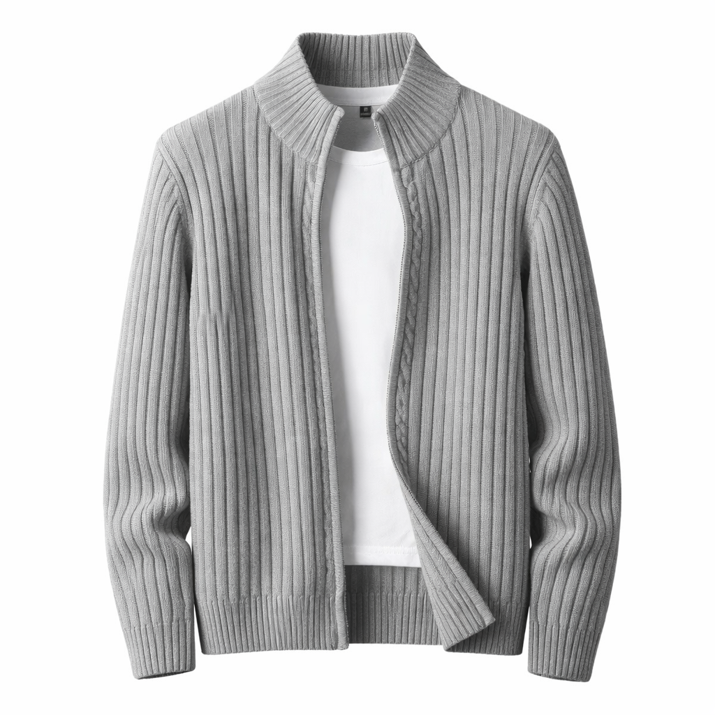 Męski prążkowany kardigan zapinany na zamek ze stójką – klasyczna dzianinowa kurtka na jesień, zimę, co dzień i w stylu smart casual