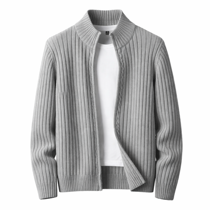 Męski prążkowany kardigan zapinany na zamek ze stójką – klasyczna dzianinowa kurtka na jesień, zimę, co dzień i w stylu smart casual