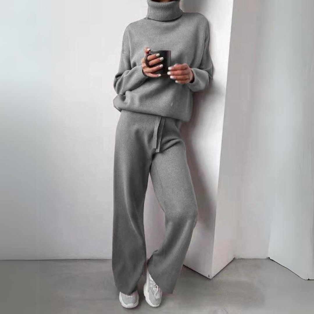 Set lejer de damă din tricot cu guler înalt, cu pulover moale și pantaloni cu croială largă și șnur – set călduros din 2 piese pentru toamnă, iarnă și purtare zilnică