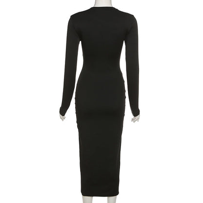 Dame Maxikjole Med Krydset Hals – Langærmet Bodycon Stil Til Aftenbrug