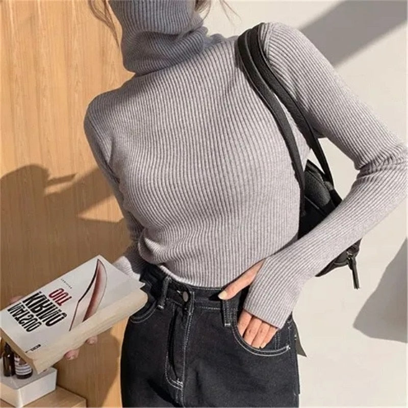 Jersey de cuello alto de punto acanalado para mujer, elástico y de corte entallado - Prenda suave de punto para otoño, invierno, el día a día y un estilo casual elegante
