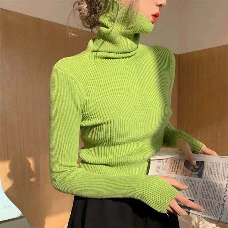 Jersey de cuello alto de punto acanalado para mujer, elástico y de corte entallado - Prenda suave de punto para otoño, invierno, el día a día y un estilo casual elegante