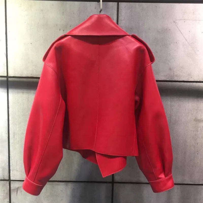 Dámská kožená bunda se širokým klopovým límcem – retro výrazná bunda ve stylu streetwear, na večer a ve stylu smart casual